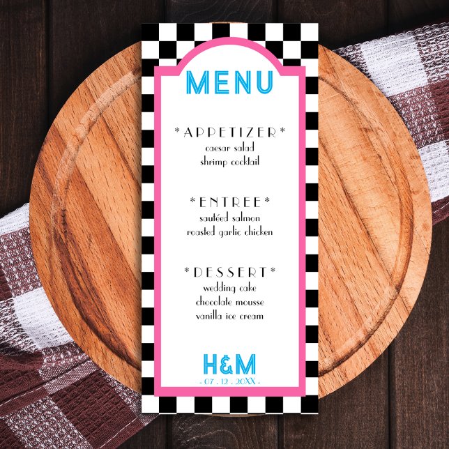 Retro Diner Checkerboard Rosa Hochzeitsempfang Menükarte (Retro Diner Checkerboard Pink Wedding Reception Menu)
