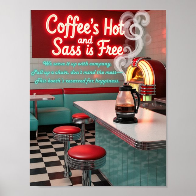 Retro Diner Coffee's Hot mit kostenlosem Sass Post Poster (Vorne)