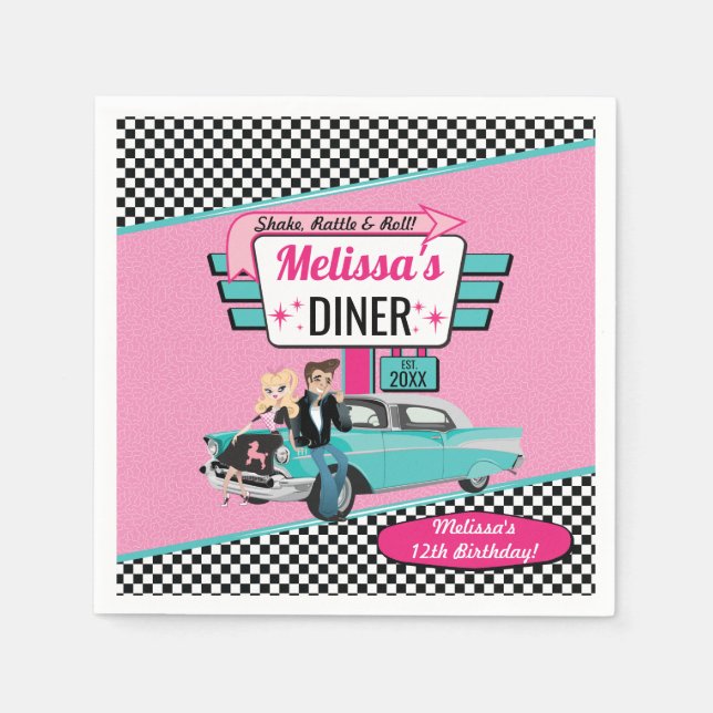 Retro-Diner der 1950er Jahre, Geburtstag in Türkis Serviette (Vorderseite)