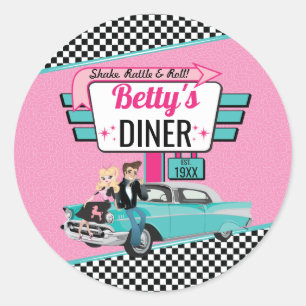 Retro-Diner der 1950er Jahre in Rosa und Türkis So Runder Aufkleber
