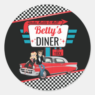 Retro-Diner der 1950er Jahre in Schwarz und Rot So Runder Aufkleber