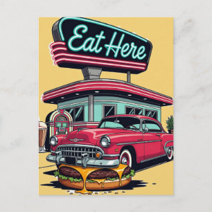 Retro-Diner Iss Hier Classic Car Burger T-Shirt Postkarte