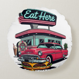 Retro-Diner Iss hier Classic Car Burger T-Shirt Rundes Kissen