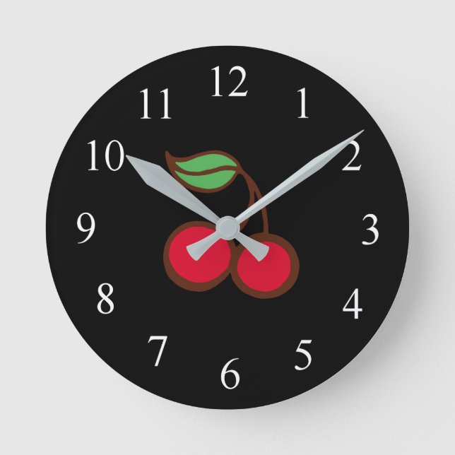 Retro Diner Kitchen Black Cherry Wall Clock Runde Wanduhr (Vorderseite)