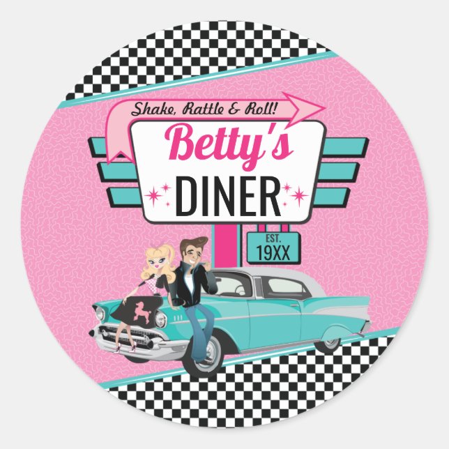 Retro Diner Pink & Aquamarin Sock Hop der 50er Jah Runder Aufkleber (Vorderseite)