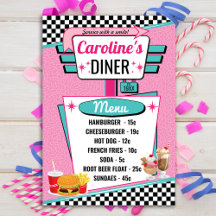 Retro-Diner-Speisekarte in Rosa und Türkis aus den