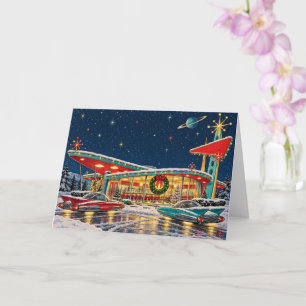 Retro-Diner Weltraum-Weihnachtsauto Karte