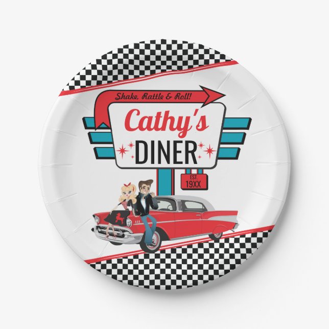 Retro Diner White, Aquamarine, Red Birthday Party  Pappteller (Vorderseite)