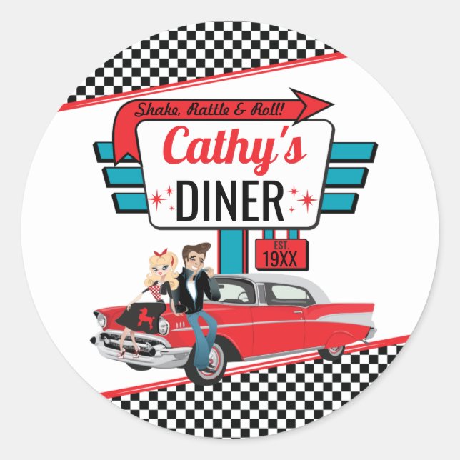 Retro Diner White & Red Sock Hop aus den 50er Jahr Runder Aufkleber (Vorderseite)