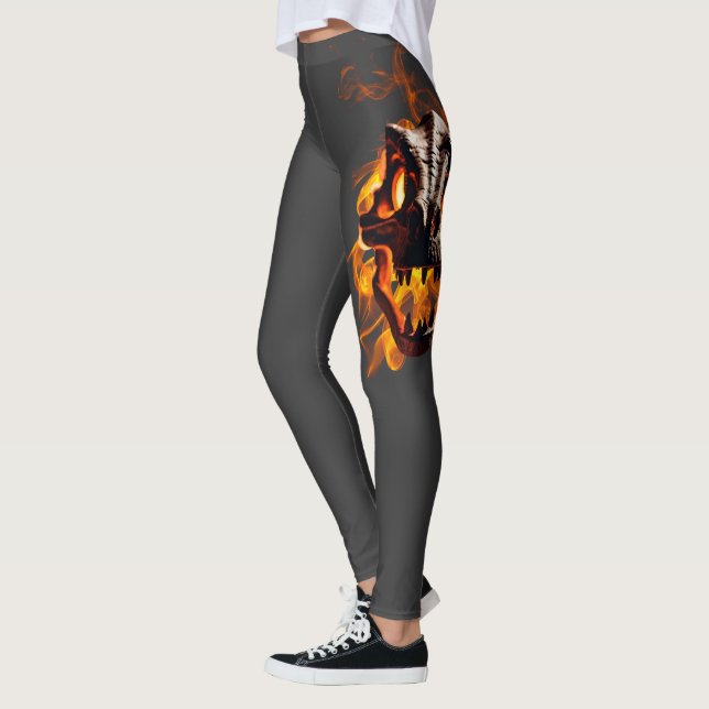 Retro Dinosaur Toter Brennschädel in Feuer Leggings (Links)