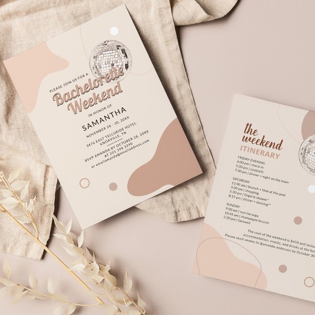 Retro Disco 70er Bachelorette Einladung (Disco Bachelorette Invitation with Weekend Itinerary)
