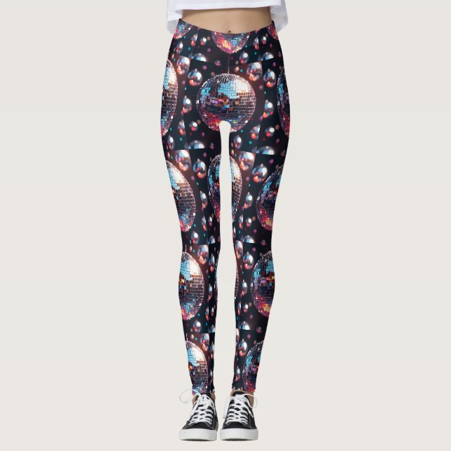 Retro-Disco-Ball-Muster in Silber und Regenbogen Leggings (Vorderseite)