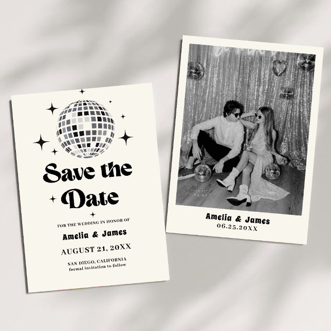 Retro Disco Ball Schwarz-weiß Save the Date Hochze Einladung (Von Creator hochgeladen)