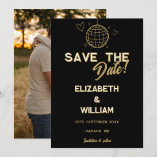 Retro-Disco Foto Hochzeit in Schwarz und Gold Save The Date