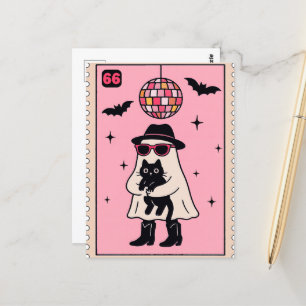 Retro-Disco-Geist mit schwarzer Katze Halloween-St Postkarte