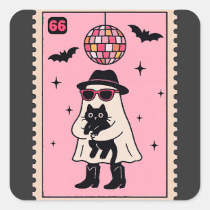 Retro Disco Ghost mit Black Cat Halloween Briefmar Quadratischer Aufkleber