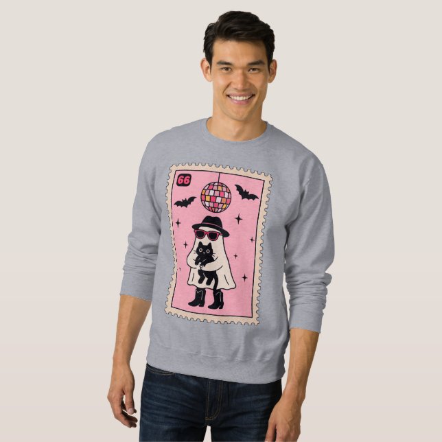 Retro Disco Ghost mit Black Cat Halloween Briefmar Sweatshirt (Vorne ganz)