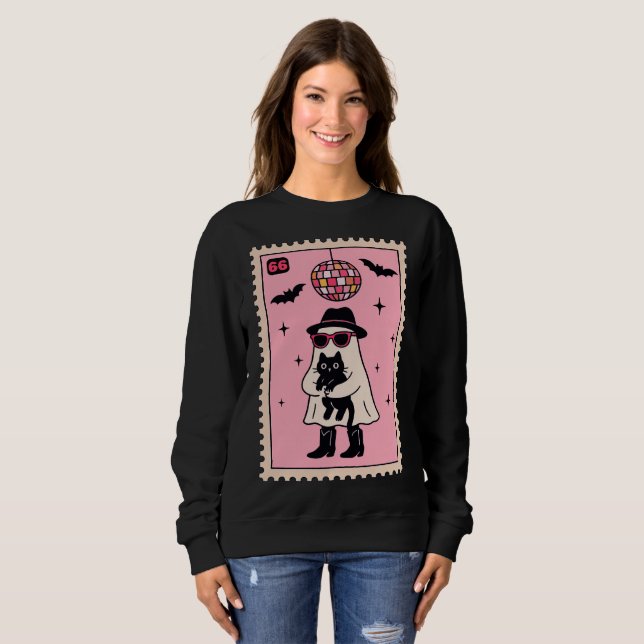 Retro Disco Ghost mit Black Cat Halloween Briefmar Sweatshirt (Vorne ganz)
