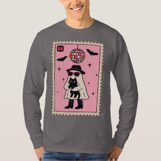Retro Disco Ghost mit Black Cat Halloween Briefmar T-Shirt