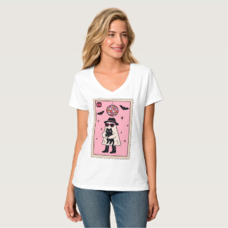 Retro Disco Ghost mit Black Cat Halloween Briefmar T-Shirt