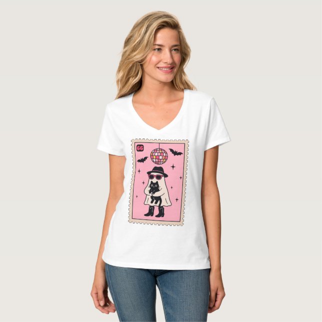 Retro Disco Ghost mit Black Cat Halloween Briefmar T-Shirt (Vorderseite Vollansicht)