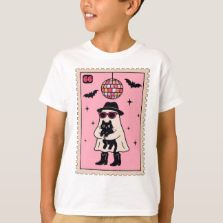 Retro Disco Ghost mit Black Cat Halloween Briefmar T-Shirt