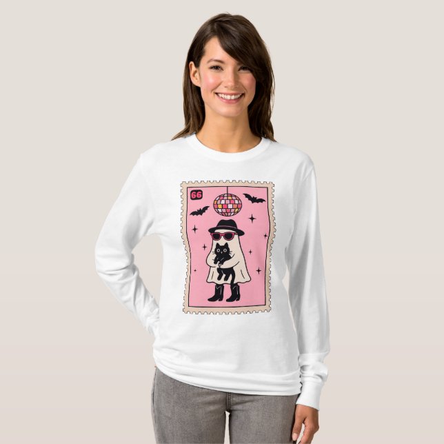 Retro Disco Ghost mit Black Cat Halloween Briefmar T-Shirt (Vorne ganz)
