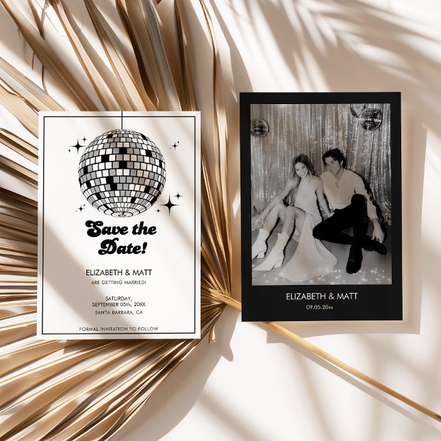 Retro Disco-Kugel Save The Date Schwarz Weiß Einladung (disco ball save the date, retro wedding invitation, black and white wedding, modern retro wedding, s)