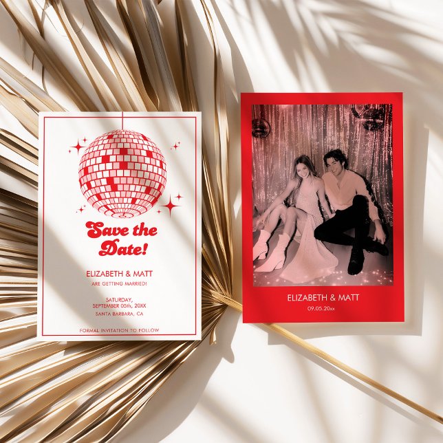Retro Disco-Kugel Termin retten Rot Einladung (disco ball save the date, retro wedding invitation, black and white wedding, modern retro wedding, s)