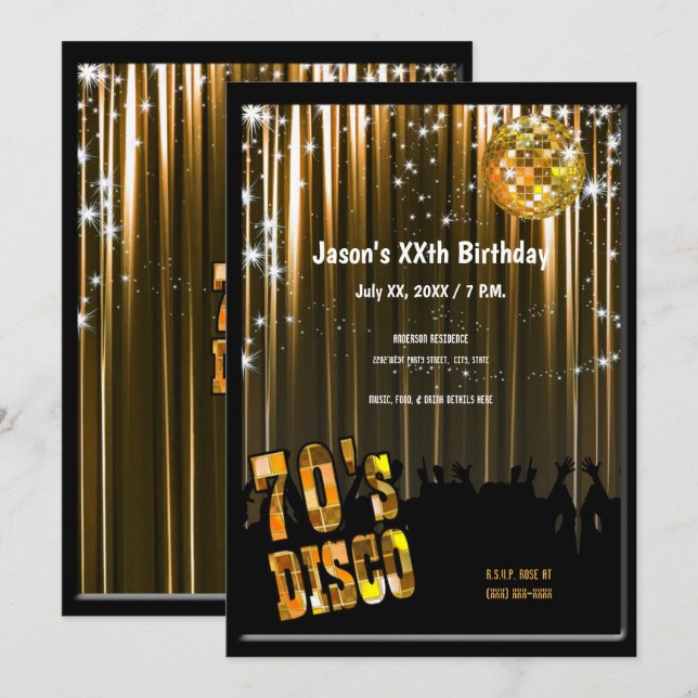 Retro Disco-Party Einladung der 70er Jahre (Vorne/Hinten)