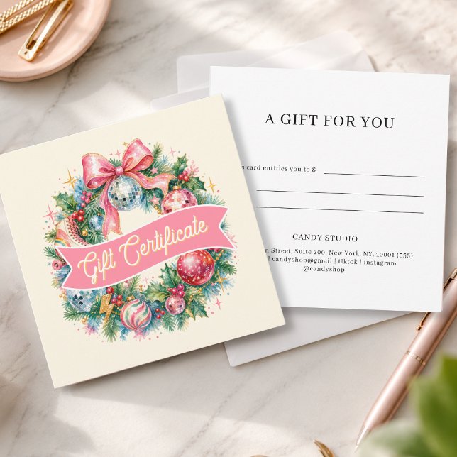 Retro-Disco-Weihnachtskranz-Geschenkgutschein (Retro Disco Christmas Wreath Beige Gift Certificate)