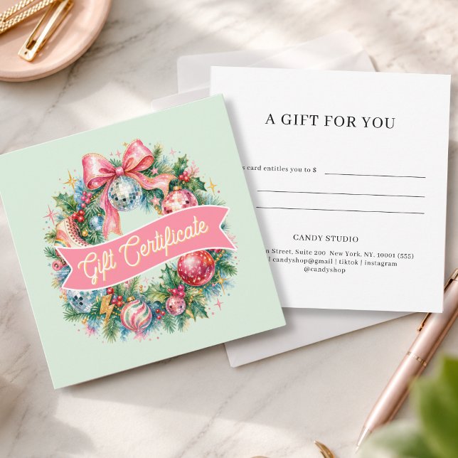 Retro-Disco-Weihnachtskranz-Geschenkgutschein (Retro Disco Christmas Wreath Green Gift Certificate)
