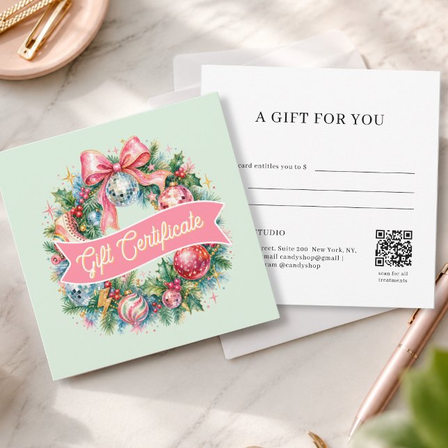 Retro-Disco-Weihnachtskranz QR-Code-Geschenkkarte (Retro Disco Christmas Wreath QR Code Green Gift Certificate)