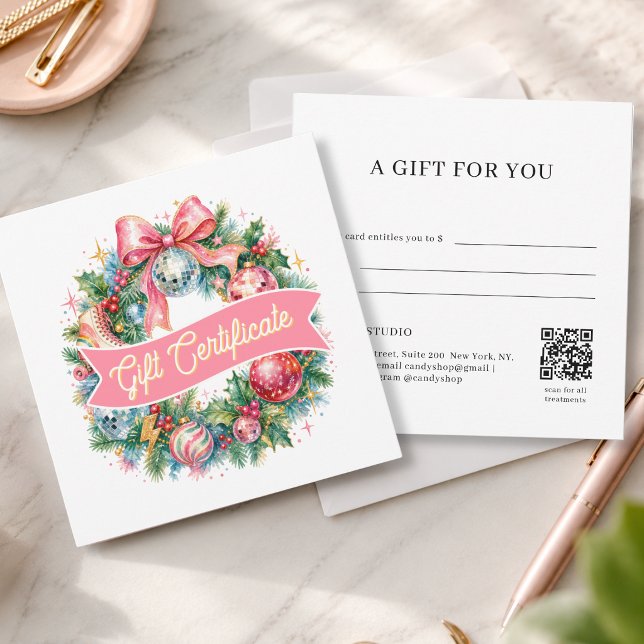Retro-Disco-Weihnachtskranz QR-Code-Geschenkkarte (Retro Disco Christmas Wreath QR Code White Gift Certificate)