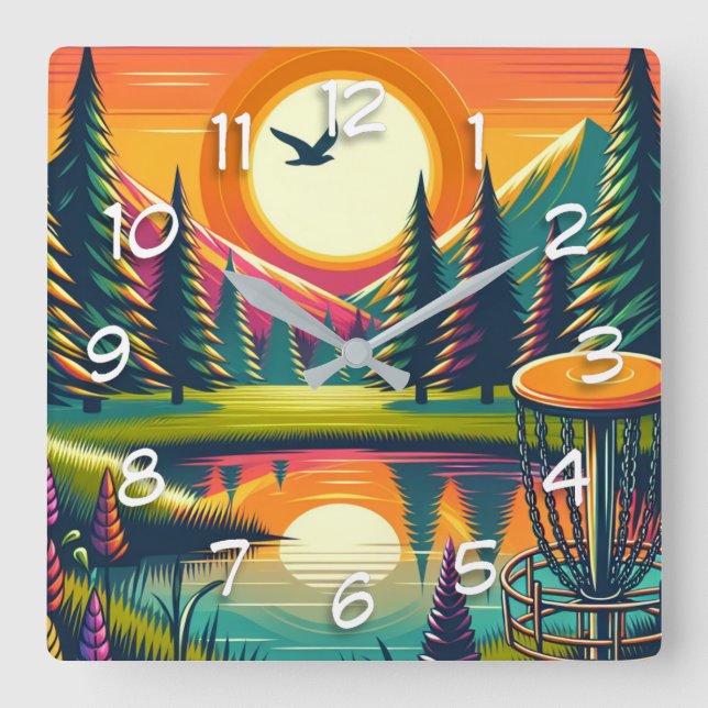 Retro Disk Golf Sunset and Trees Quadratische Wanduhr (Vorderseite)
