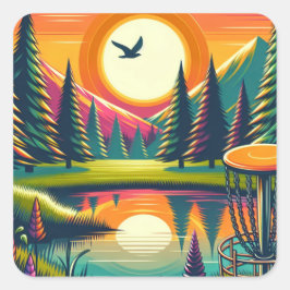 Retro Disk Golf Sunset and Trees Quadratischer Aufkleber