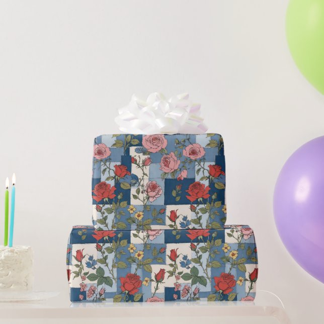Retro-Distressed-Denim-Patchwork und Rosen Blumenm Geschenkpapier (Partygeschenke)