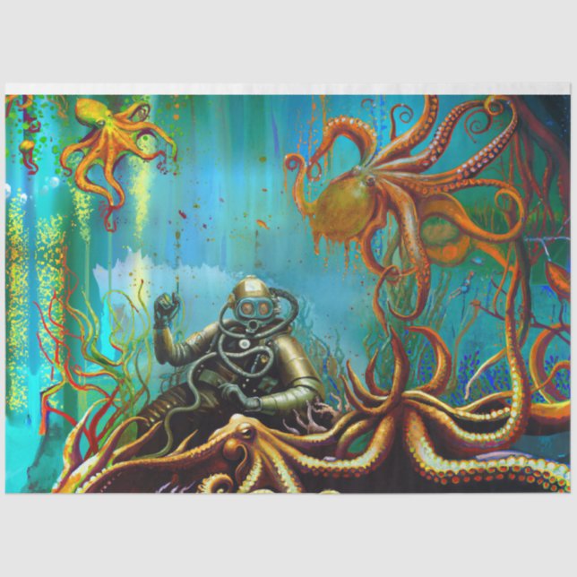 Retro Diver Metal Diver Anzug Octopus Decoupage Seidenpapier (Vorderseite)