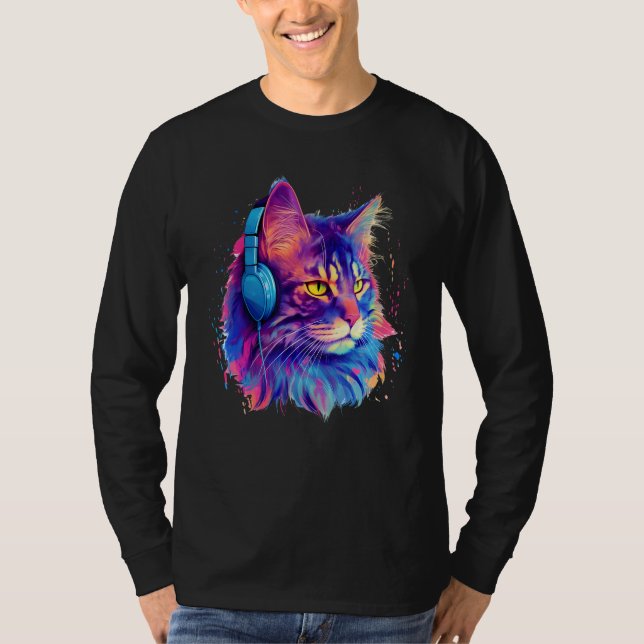 Retro DJ Maine Coon Male Cat Face Headphones Music T-Shirt (Vorderseite)