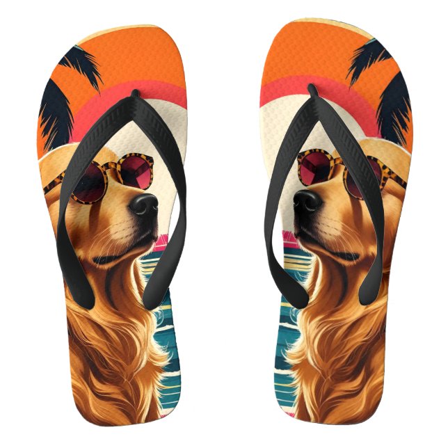 Retro Dog Sunglasses Vintage Sunset Beach  Flip Flops (Fußbett)