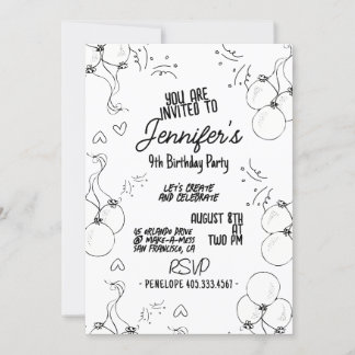 Retro Doodle Modern Hearts & Balloons Geburtstag Einladung