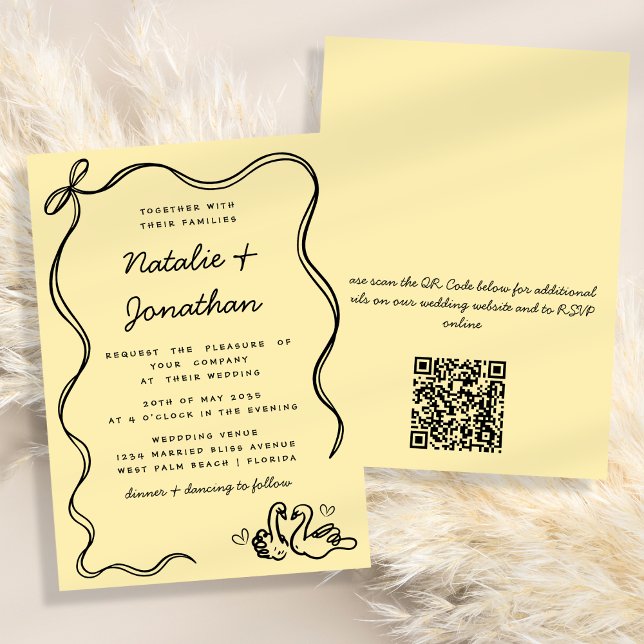 Retro Doodle schwänzt Gelbschwarz QR-Code Hochzeit Einladung (Von Creator hochgeladen)