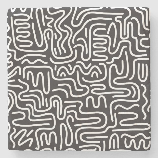 Retro Doodle Wavy Lines: Monochrom Steinuntersetzer (Vorderseite)