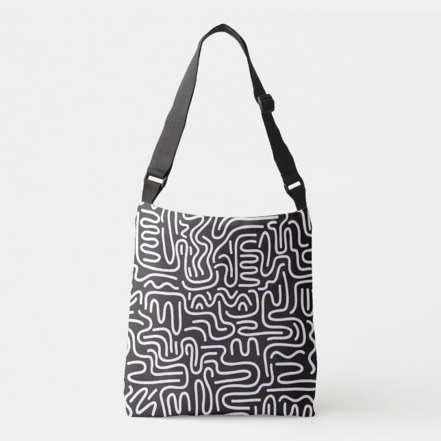 Retro Doodle Wavy Lines: Monochrom Tragetaschen Mit Langen Trägern (Vorderseite)