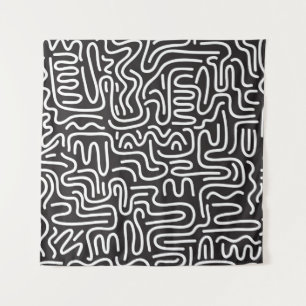 Retro Doodle Wavy Lines: Monochrom Wandteppich