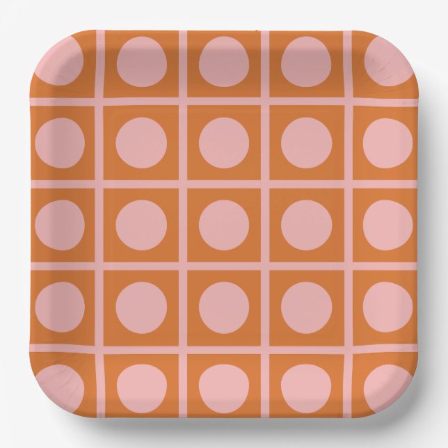 Retro Dot Grid Pink und Orange Muster Pappteller (Vorderseite)