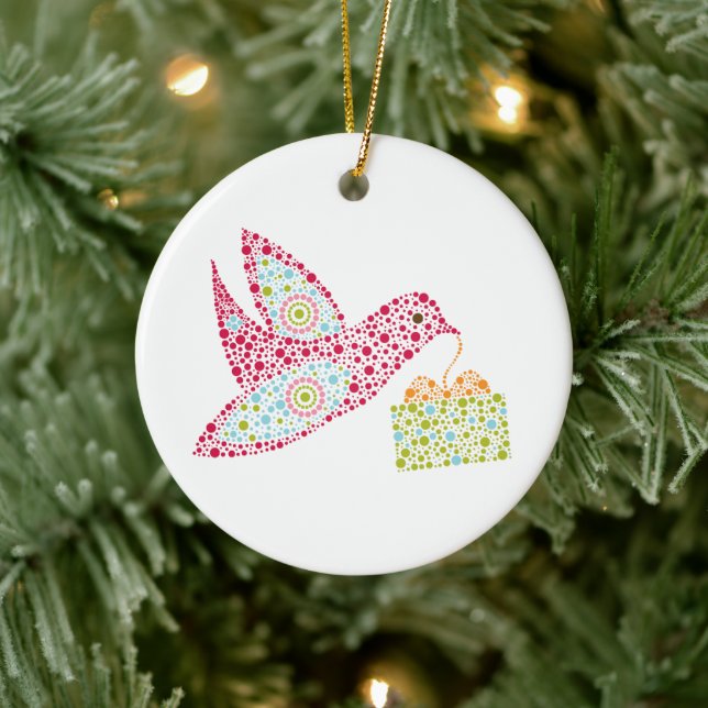 Retro Dots Christmas Bird, Peace Dove Keramik Ornament (Baum)