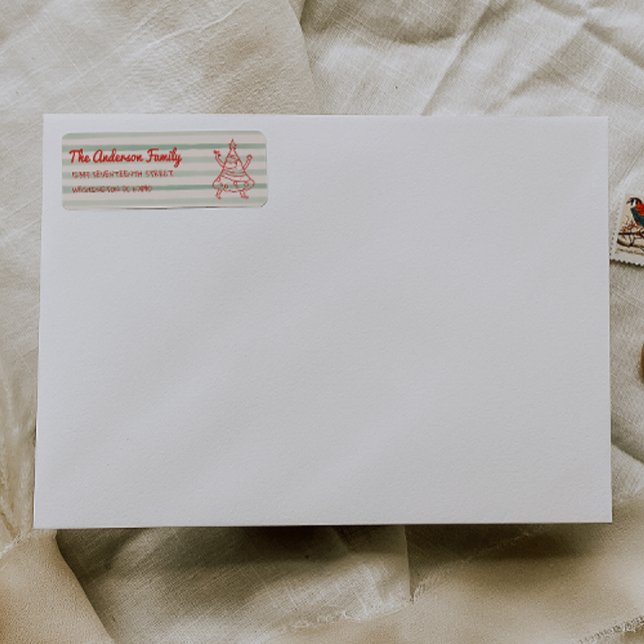Retro Drawn Green Red Funny Christmas Tree Address (Von Creator hochgeladen)