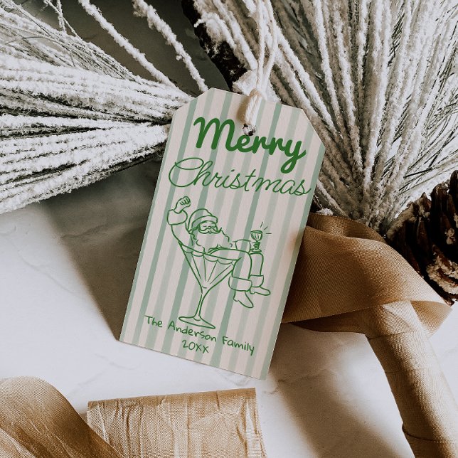 Retro Drawn Green Stripes Santa Claus Christmas Geschenkanhänger (Von Creator hochgeladen)