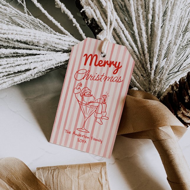 Retro Drawn Red Stripes Santa Claus Christmas Geschenkanhänger (Von Creator hochgeladen)